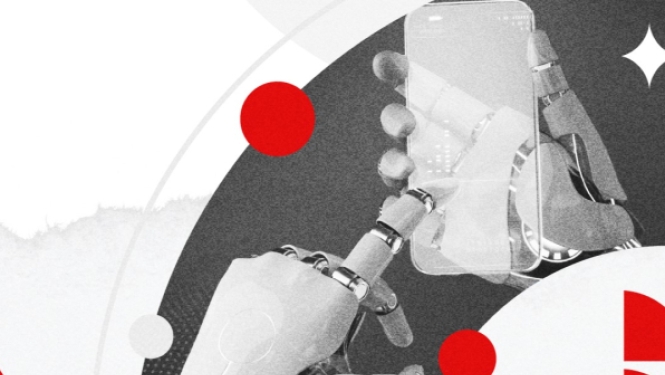 Robota rokas tur un lieto viedtālruni uz pelēcīga fona ar sarkaniem grafiskiem elementiem.