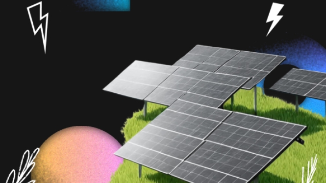 Saules paneļu masīvs uz zaļa mauriņa pret tumšu fonu ar krāsainām ģeometriskām figūrām un zibens ikonu.