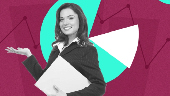 Sieviete lietišķā kostīmā smaidot tur mapi uz violeta fona, ko papildina grafiski datu diagrammu un līniju attēli.