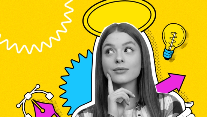 Jauna sieviete domīgi skatās sāņus uz spilgti dzeltena fona, ko papildina radošas ilustrācijas: spuldze, smaidiņš un grafiskā dizaina rīki