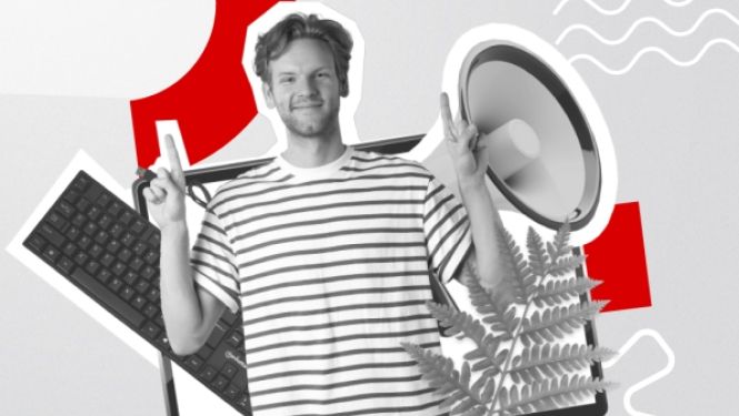 Vīrietis svītrainā krekliņā iznāk no klēpjdatora ekrāna, turot rokas gaisā; fonā tastatūras, megafona un papardes lapas ilustrācijas, bet apakšā — dažādu pašvaldību un iestāžu logotipi