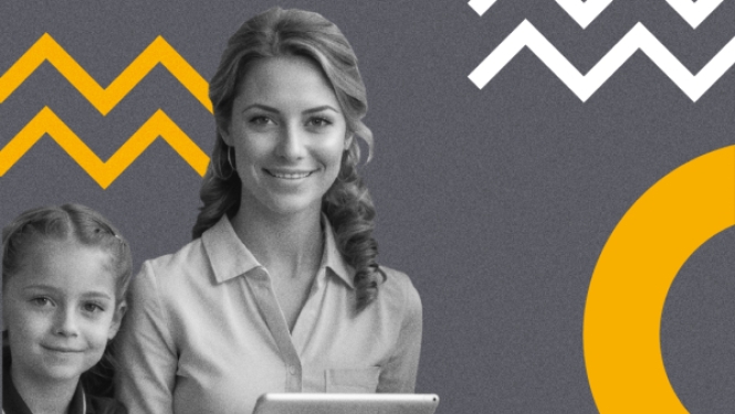 Sieviete ar planšetdatoru rokās un meitene sēž pie galda uz pelēka fona ar dzeltenām un baltām grafiskām līnijām.